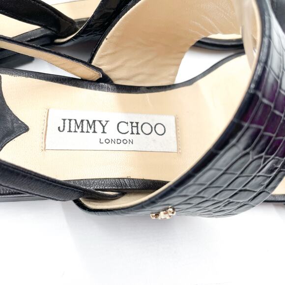 Jimmy Choo Seia Slingback‎ Sandals Black Strappy Flat Croc Leather Sz 37 / 7 - Picture 4 of 11